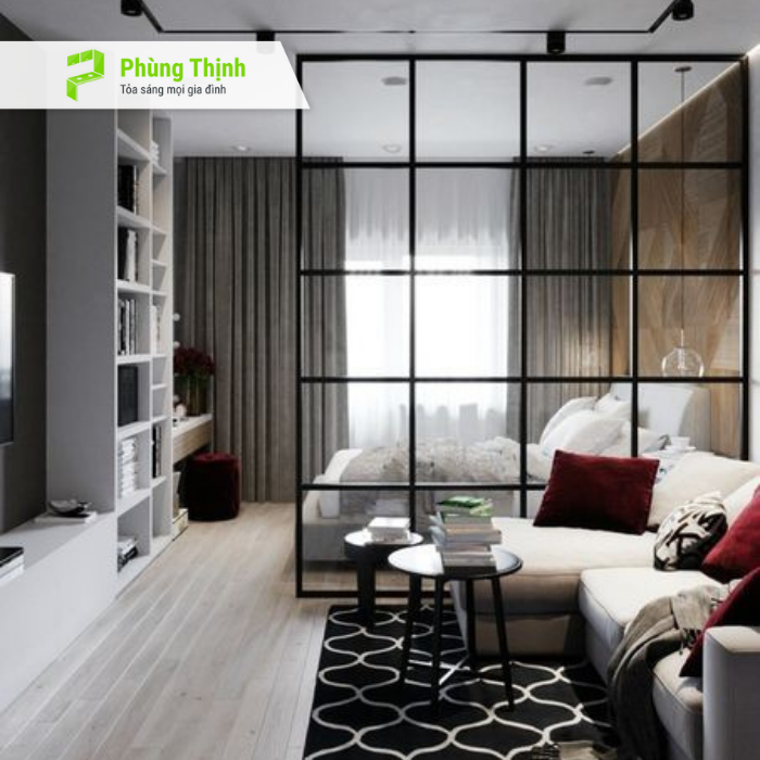 Vách nhôm kính phòng khách và phòng ngủ