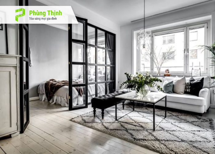 Mẫu vách nhôm kính ngăn phòng khách và phòng ngủ