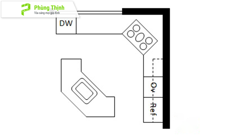 Mẫu 9: Bếp hình chữ L kép với tam giác bếp 45°.
