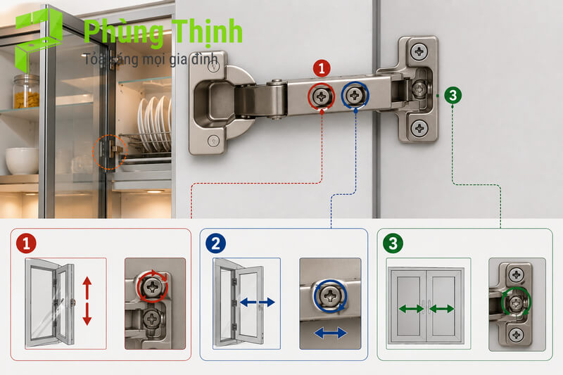 Bước 1: Xác định vị trí và chức năng các ốc vít trên bản lề