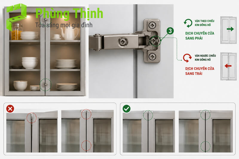 Bước 4: Cách chỉnh bản lề để cân cửa sang trái/phải (chỉnh khe hở)