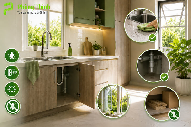 Giữ không gian bếp luôn khô ráo, sạch sẽ và thoáng đãng là cách chống mối mọt hiệu quả cho tủ bếp