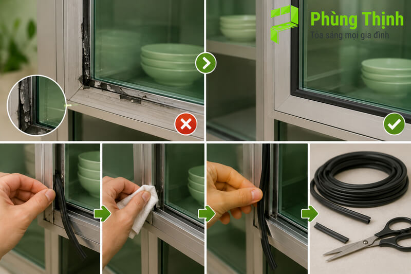 Gioăng cao su bị lão hóa, bong tróc làm giảm kín khít cửa tủ bếp