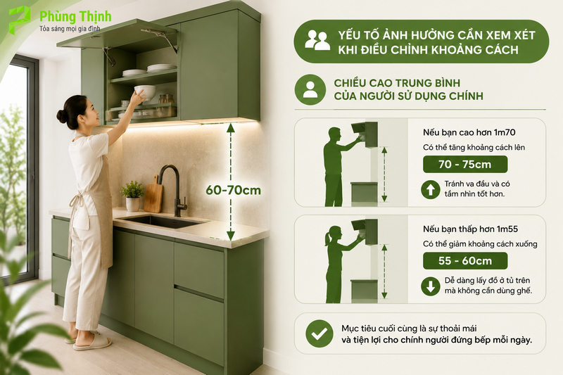 Khoảng cách bố trí trong không gian bếp sẽ dựa vào người sử dụng bếp thường xuyên