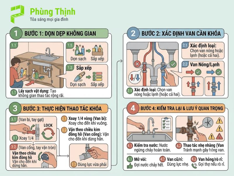 Hướng dẫn chi tiết cách khóa van nước bồn rửa bát